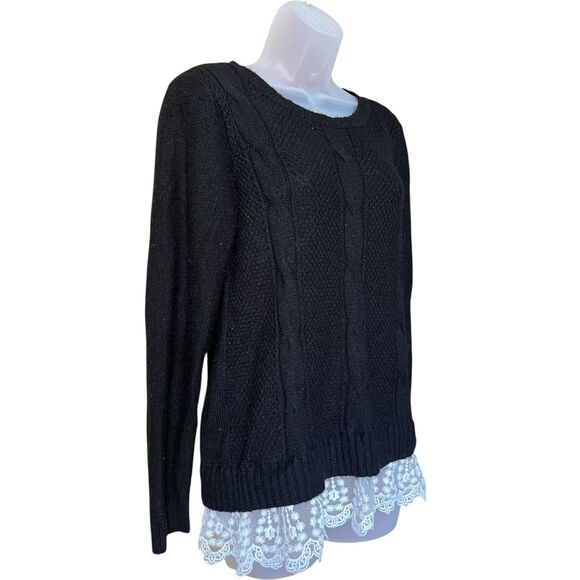 ABStudio Black Cableknit Crewneck Sweater Lace Trim Sz S Whimsigoth Twee - Picture 2 of 12